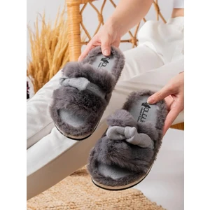 Kadın Gri Pofuduk Kurdele Fiyonk Gondol Ortopedik Sessiz Taban Lüx Kışlık Ev Misafir Terliği