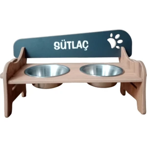 Özel Isim Baskılı Ahşap Kademeli Eğimli Çelik Kaseli Kedi Köpek Mama ve Su Kabı Stantı