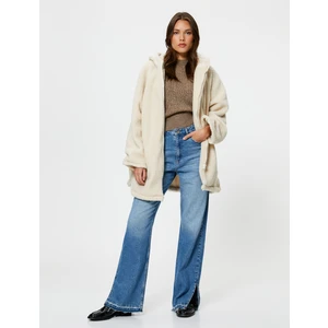 Oversize Uzun Peluş Mont Kapüşonlu Fermuarlı