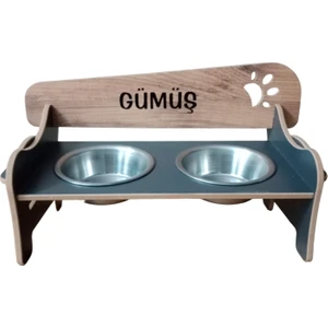 Özel Isim Baskılı Ahşap Kademeli Eğimli Çelik Kaseli Kedi Köpek Mama ve Su Kabı Stantı