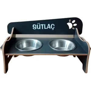 Özel Isim Baskılı Ahşap Kademeli Eğimli Çelik Kaseli Kedi Köpek Mama ve Su Kabı Stantı