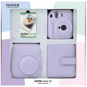 Instax Mini 12 Lila Fotoğraf Makinesi Seti – 10'lu Film, Kare Albüm, Deri Kılıf, Paralaks Düzeltme, Otomatik Flaş