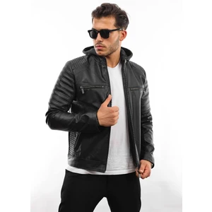 North Fashion NorthFashion Erkek Siyah Dar Kesim İçi Küklü Kapüşonlu Deri Ceket