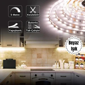 Şerit LED Işık Seti Mutfak Tezgah Çalışma Masası Tv Arkası Butonlu 5 Metre