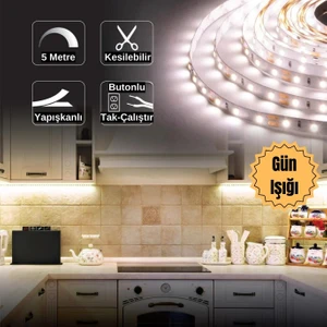 Şerit LED Işık Seti Mutfak Tezgah Çalışma Masası Tv Arkası Butonlu 5 Metre