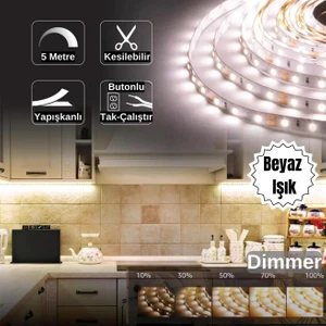 Şerit LED Işık Seti Mutfak Tezgah Çalışma Masası Tv Arkası Dimmer Butonlu 5 Metre