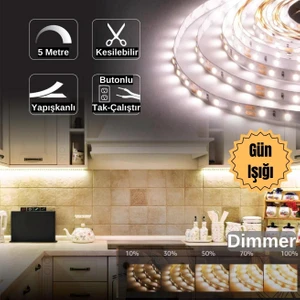 Şerit LED Işık Seti Mutfak Tezgah Çalışma Masası Tv Arkası Dimmer Butonlu 5 Metre
