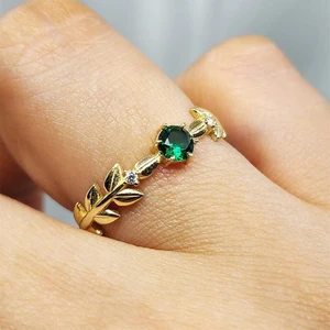 Fasek Gold Tria Altın Yüzük - 14 Ayar Altın Başak Zümrüt Yeşili Taşlı Tek Taş Yüzük - Anneler Gününe Yüzük