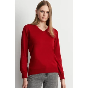 Kadın V Yaka Koyu Kırmızı Kazak
