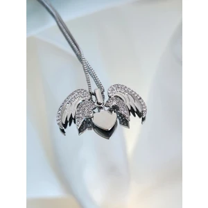 Stainless Steel Melek Açılabilir Kanat Model Zirkon Taşlı Silver Gümüş Renkli Çelik Kolye