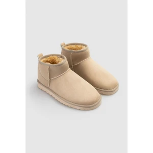 Nişantaşı Shoes Mini Kum Beji Süet Yarım Bot İçi Tüylü Düz Taban Kadın Ayakkabı