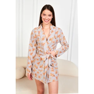 Kadın Gri Kurabiye Kapüşon Polar Kısa Sabahlık Pjm