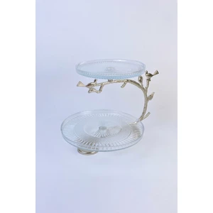 May Home 2 Katlı Cam ve Metal Kurabiyelik Sunumluk – 16 ve 21 cm Çaplı, 3 Parça Gümüş Renkli Servis Seti