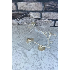 May Home Gümüş Madlen Dikdörtgen Sunumluk & 2 Katlı Cam Tabaklı Sunumluk