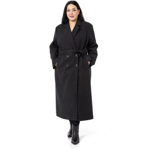 Disentis Modest Büyük Beden Yırtmaçlı Uzun Astarlı Siyah Kaşe Kaban