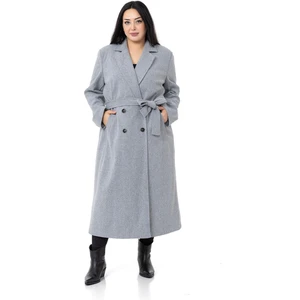 Disentis Modest Büyük Beden Yırtmaçlı Uzun Astarlı Gri Kaşe Kaban