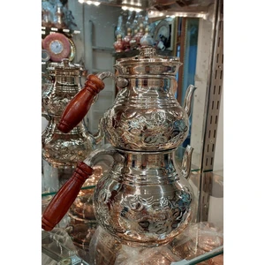 Bakır Center Bakır Çaydanlık El Işlemesi Çiçek Desenli Gümüş Bakır Çaydanlık Büyük Aile Boy Bakır Demlik