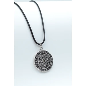 Vegvisir Pusula - Viking Sembol  Gümüş Kaplama Unisex Deri İp Kolye kod 451