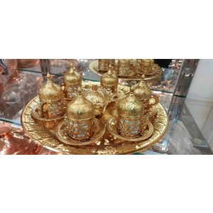 Bakır Center 6 Kişilik Gold - Bakır Osmanlı Desenli Türk Kahvesi Fincan Takımı - Tepsi