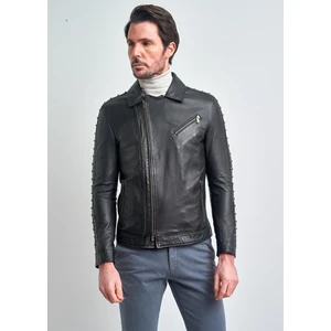 Pierre Cardin Erkek Siyah Zımbalı Motorcu Deri Ceket