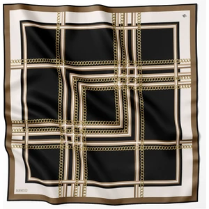 Twill İpek Eşarp Siyah, Kahve, Krem, Gold, Zincir Detaylı 8845-02