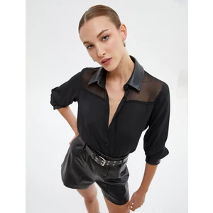 Şifon Gömlek Deri Görünümlü Yaka Tül Detaylı Düğmeli