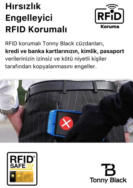 Tonny Black Orijinal Otomatik Mekanizmalı Kutulu Rfid Korumalı Hırsızlık Engelleyici Para & Kartlıklı Cüzdan TBRC0001