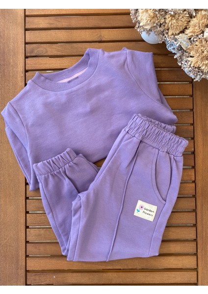 Babyaden Somon / Mor Şardonsuz Pamuklu Düz Renk Kız Çocuk Eşofman Takımı