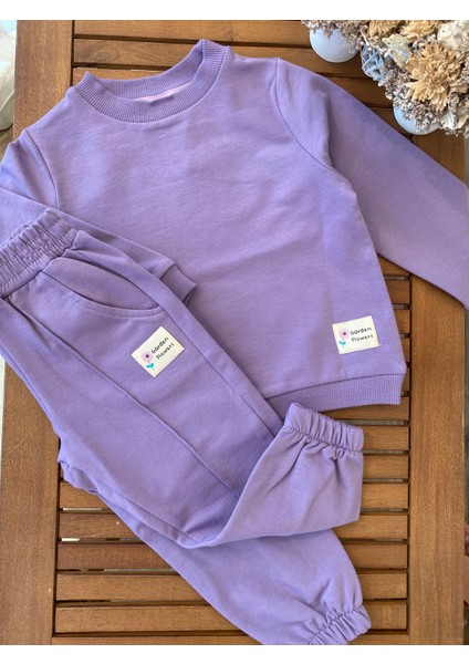 Babyaden Somon / Mor Şardonsuz Pamuklu Düz Renk Kız Çocuk Eşofman Takımı modelleri