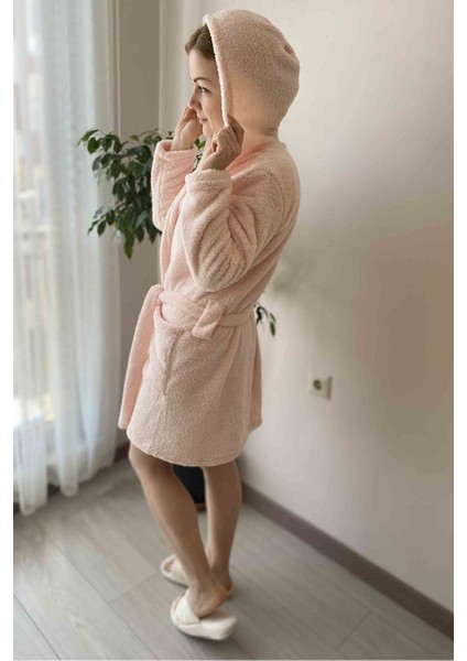 Kadın Soft Pudra Pembe Cepli Peluş Welsoft Kışlık Sabahlık 18P-6030