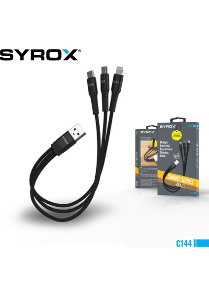 C144 2.4A Hasir 3 In 1 2 x Type-C 1 x Lightnıng Iphone & Data Kablosu Uyumlu