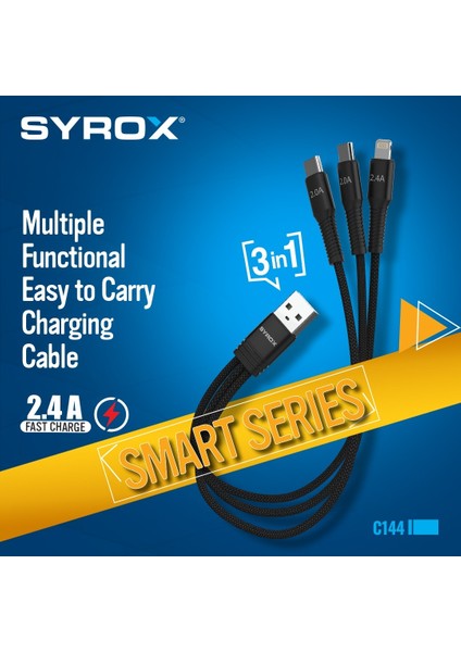 C144 2.4A Hasir 3 In 1 2 x Type-C 1 x Lightnıng Iphone & Data Kablosu Uyumlu fiyatları