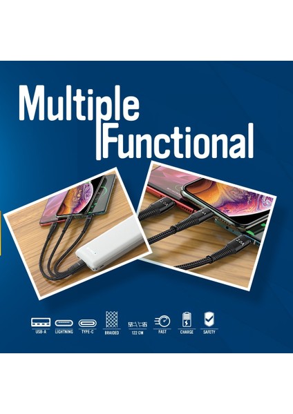C144 2.4A Hasir 3 In 1 2 x Type-C 1 x Lightnıng Iphone & Data Kablosu Uyumlu modelleri