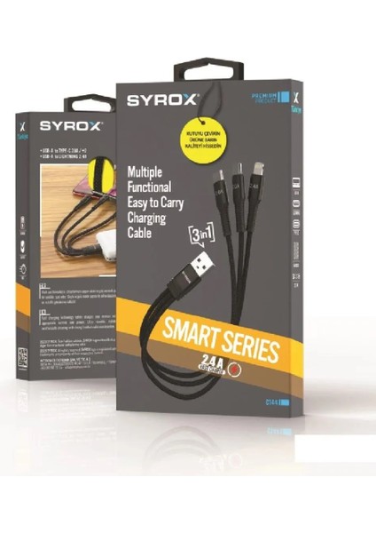C144 2.4A Hasir 3 In 1 2 x Type-C 1 x Lightnıng Iphone & Data Kablosu Uyumlu fırsatları