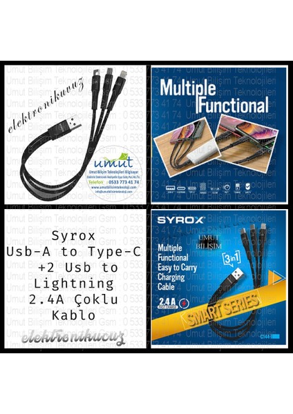C144 2.4A Hasir 3 In 1 2 x Type-C 1 x Lightnıng Iphone & Data Kablosu Uyumlu indirimleri