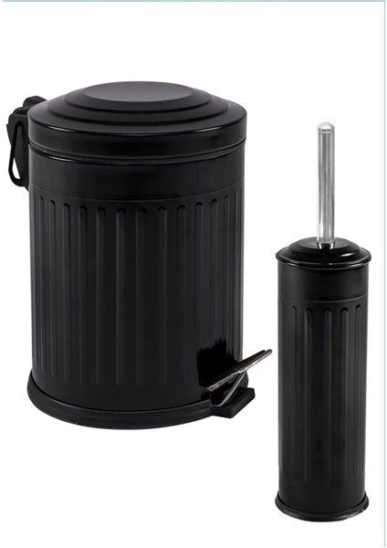Vintage 2 Li Çöp Kovası Çöp Kutusu Banyo Seti Çizgili Model Siyah 5 Litre ve Wc Fırçası Seti