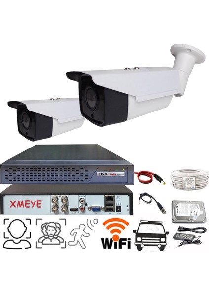 2 Kameralı Araç, Yüz ve Insan Tanımalı Hareket Algılayan 5 Mp Lens 4 Array LED Metal Kasa Güvenlik Kamerası Seti_bs 204