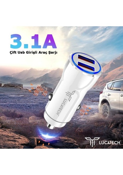 Çift USB Girişli Lightning Araç Şarjı Akıllı Çip Teknolojili 15W 3.1A Araç Şarjı ve Lightning Kablo