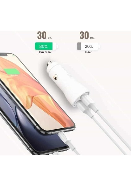 Çift USB Girişli Lightning Araç Şarjı Akıllı Çip Teknolojili 15W 3.1A Araç Şarjı ve Lightning Kablo