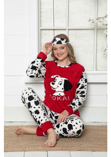 Kadın Desenli Kırmızı Kışlık Polar Pijama Takımı 14F-20003-1