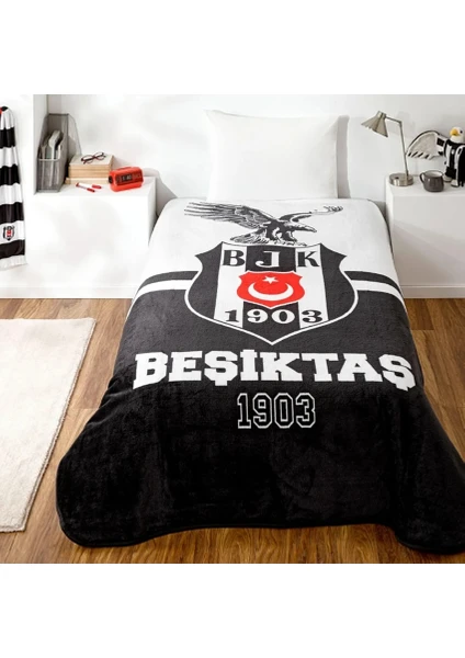 Lisanslı Beşiktaş Tek Kişilik Battaniye Logo Üstü Kartal Yenisezon