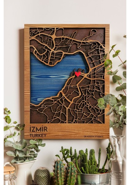 Ahşap Tablo Duvar Dekoru Wall Art - 3 Boyutlu İzmir Haritası