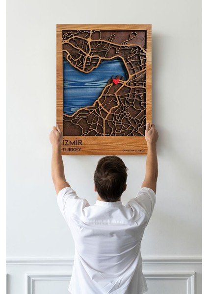 Ahşap Tablo Duvar Dekoru Wall Art - 3 Boyutlu İzmir Haritası