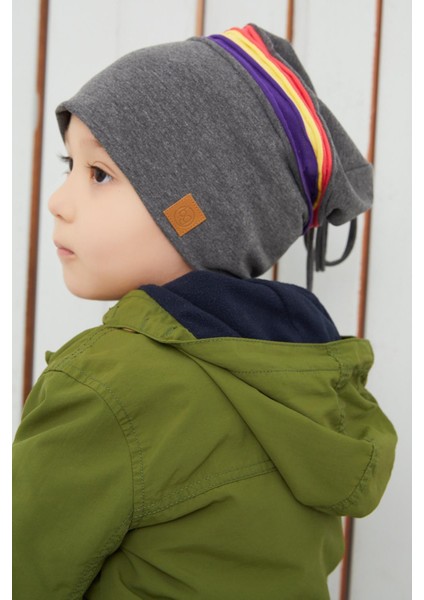 Füme Gri Üzerine Renkli Şeritli Çocuk Bebek Şapka Bere Yumuşak Çift Katlı %100 Doğal Pamuklu Penye