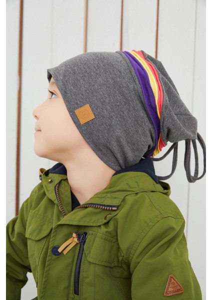 Füme Gri Üzerine Renkli Şeritli Çocuk Bebek Şapka Bere Yumuşak Çift Katlı %100 Doğal Pamuklu Penye fiyatları