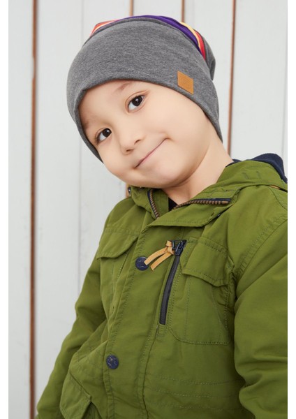 Füme Gri Üzerine Renkli Şeritli Çocuk Bebek Şapka Bere Yumuşak Çift Katlı %100 Doğal Pamuklu Penye fırsatları