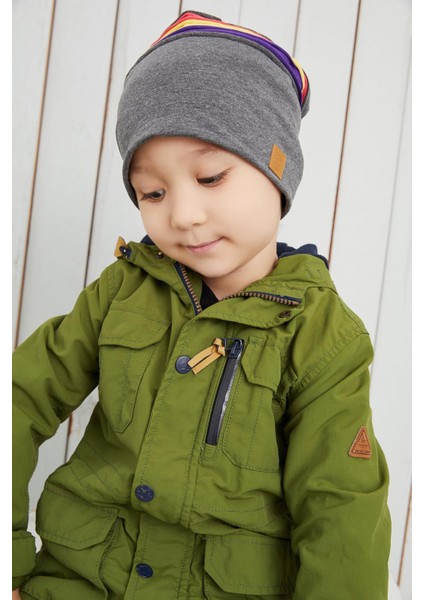 Füme Gri Üzerine Renkli Şeritli Çocuk Bebek Şapka Bere Yumuşak Çift Katlı %100 Doğal Pamuklu Penye indirimleri