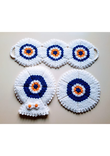 Banyo Lifi Yün El Örmesi 3'lü Ceyizlik Seti Nazar Bocuklu Desenli