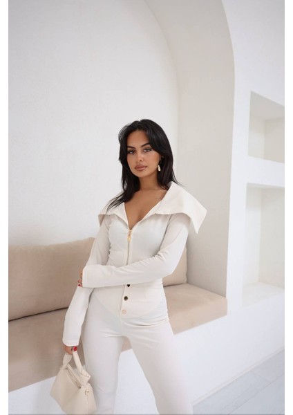 Kadın Fermuarlı Crop Hırka & Düğme Detaylı Pantolon Ikili Takım | Şık & Rahat Ikili Takım fiyatları