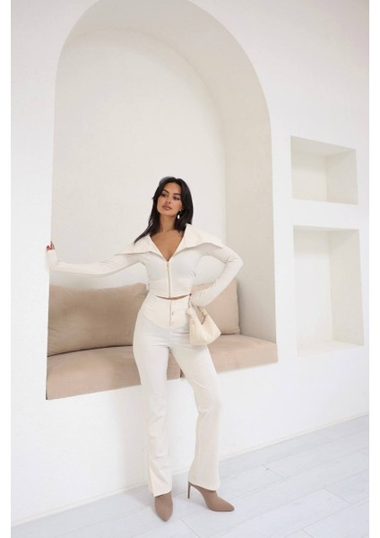 Kadın Fermuarlı Crop Hırka & Düğme Detaylı Pantolon Ikili Takım | Şık & Rahat Ikili Takım modelleri